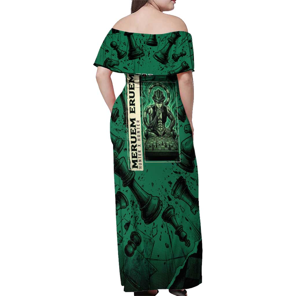 Meruem Chess Theme Family Matching Off Shoulder Maxi Dress and Hawaiian Shirt with Dark Aura and Strategic Anime Artwork Design