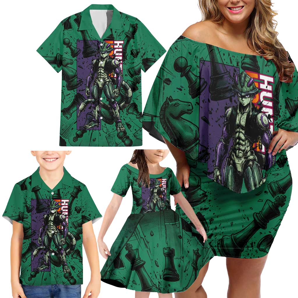 Meruem Chess Theme Family Matching Off Shoulder Short Dress and Hawaiian Shirt with Dark Aura and Strategic Anime Artwork Design
