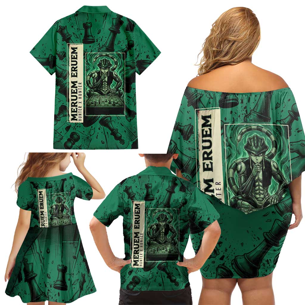 Meruem Chess Theme Family Matching Off Shoulder Short Dress and Hawaiian Shirt with Dark Aura and Strategic Anime Artwork Design