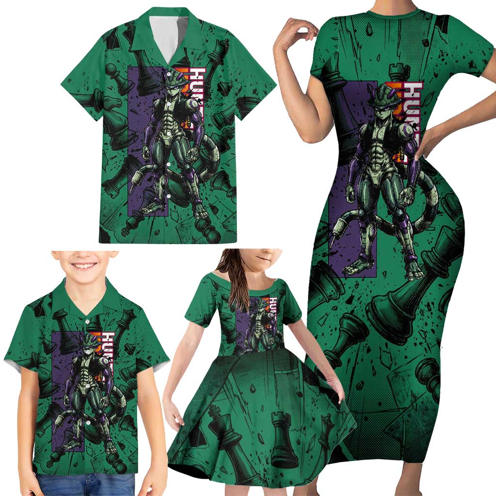 Meruem Chess Theme Family Matching Short Sleeve Bodycon Dress and Hawaiian Shirt with Dark Aura and Strategic Anime Artwork Design