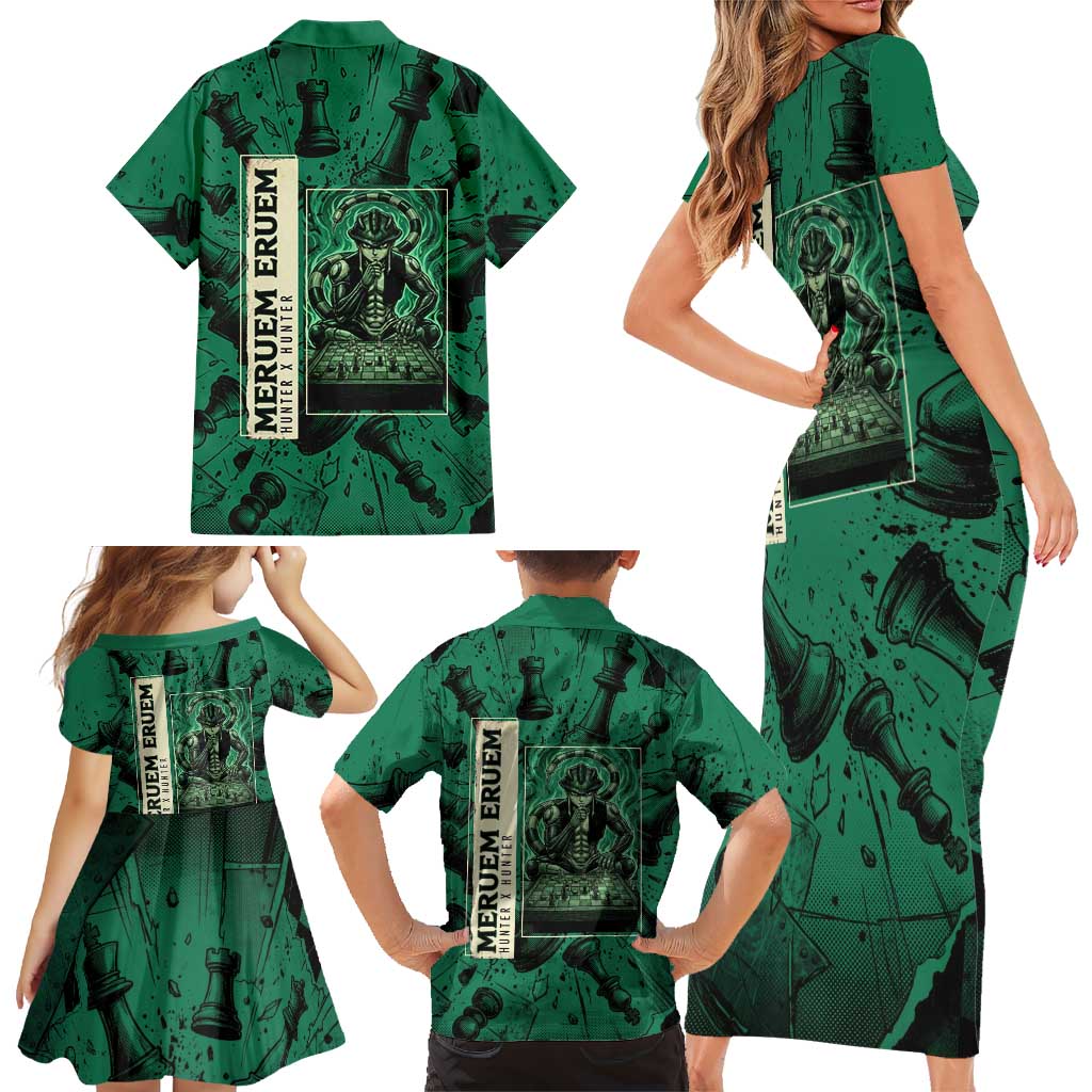 Meruem Chess Theme Family Matching Short Sleeve Bodycon Dress and Hawaiian Shirt with Dark Aura and Strategic Anime Artwork Design