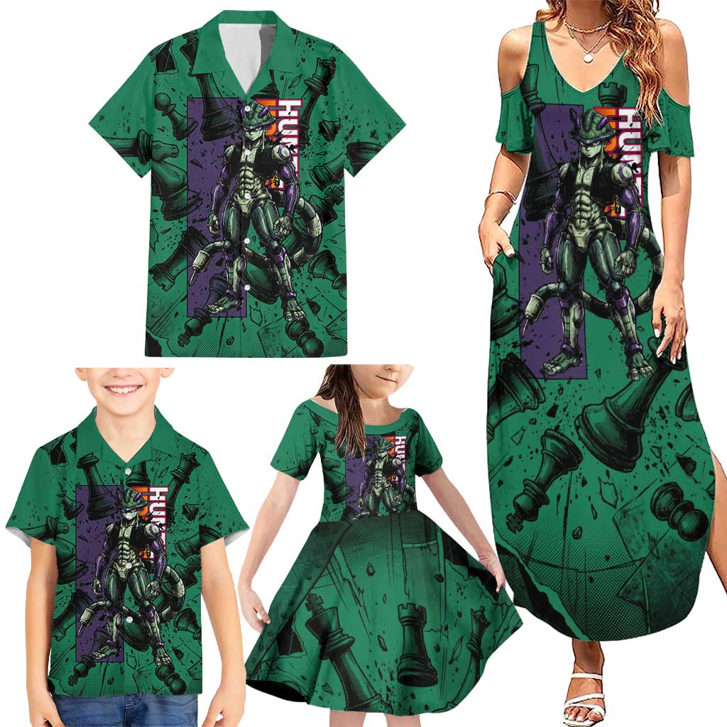 Meruem Chess Theme Family Matching Summer Maxi Dress and Hawaiian Shirt with Dark Aura and Strategic Anime Artwork Design