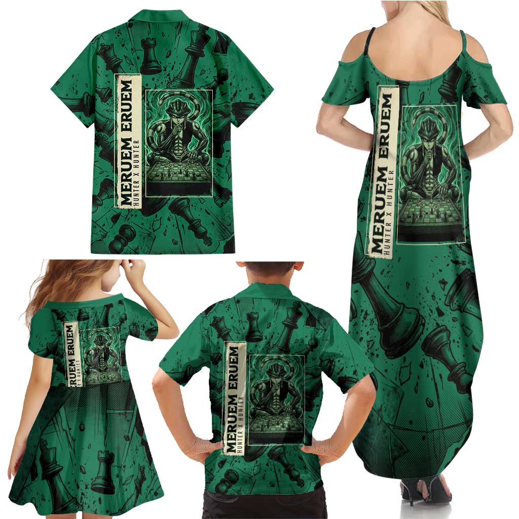 Meruem Chess Theme Family Matching Summer Maxi Dress and Hawaiian Shirt with Dark Aura and Strategic Anime Artwork Design