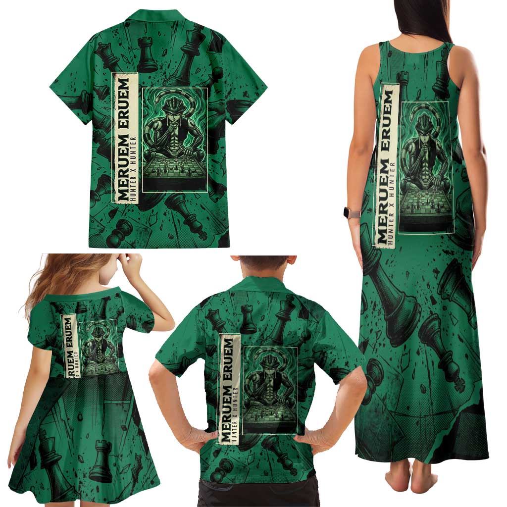 Meruem Chess Theme Family Matching Tank Maxi Dress and Hawaiian Shirt with Dark Aura and Strategic Anime Artwork Design