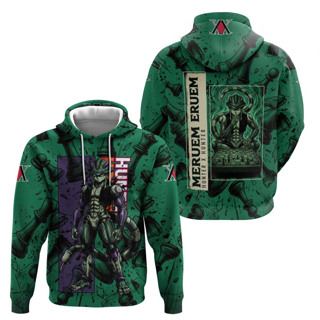 Meruem Chess Theme Hoodie with Dark Aura and Strategic Anime Artwork Design - The Mazicc