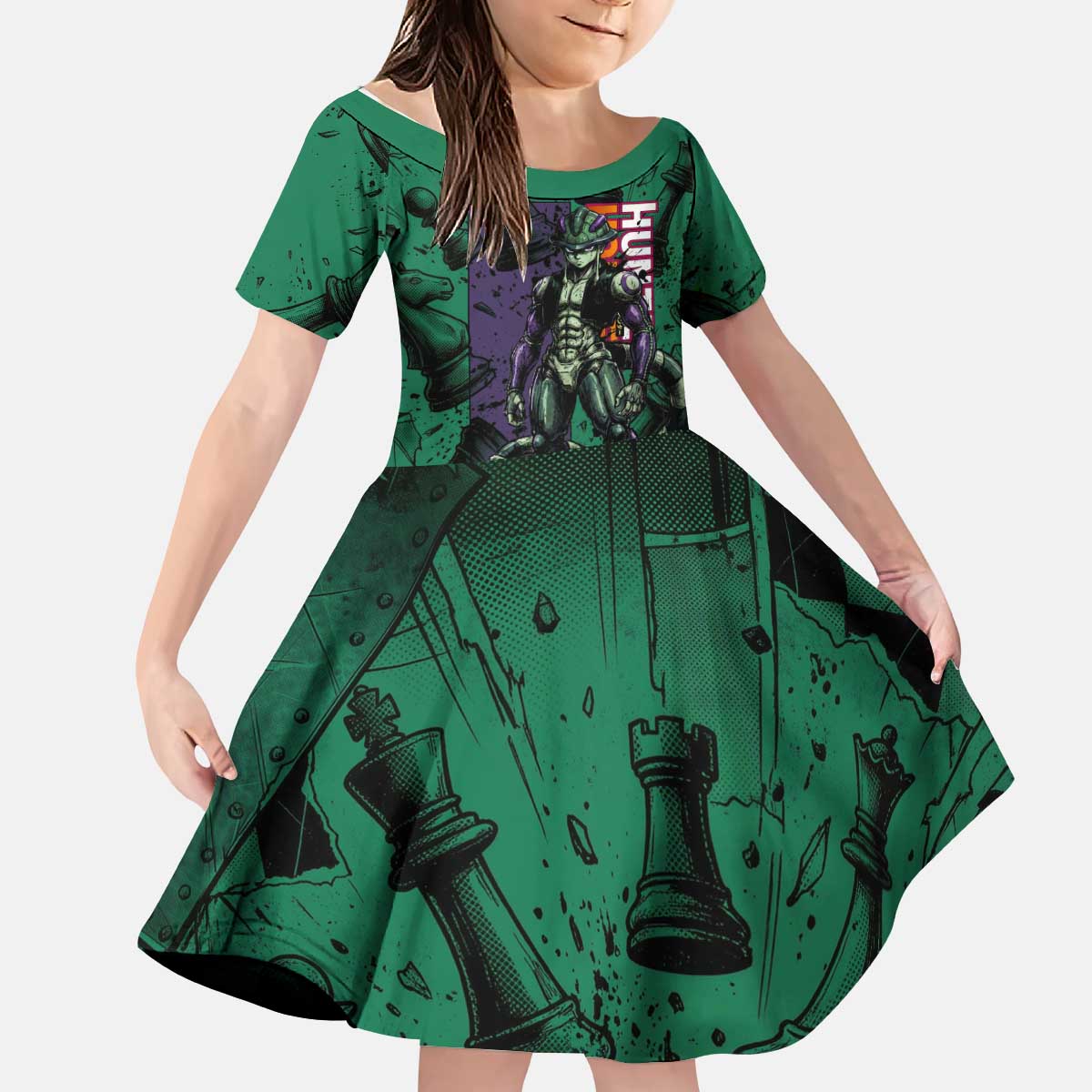 Meruem Chess Theme Kid Short Sleeve Dress with Dark Aura and Strategic Anime Artwork Design - The Mazicc