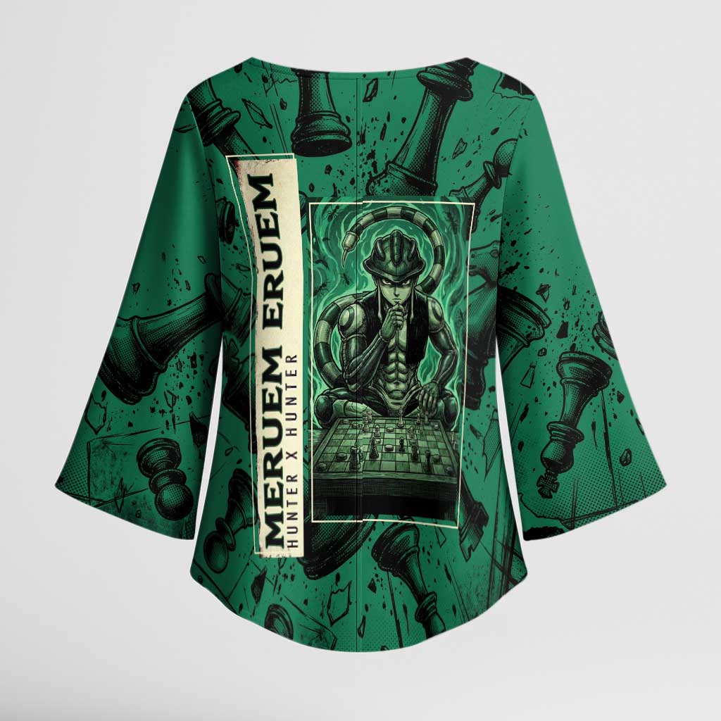 Meruem Chess Theme Kimono Sleeve Blouse with Dark Aura and Strategic Anime Artwork Design - The Mazicc