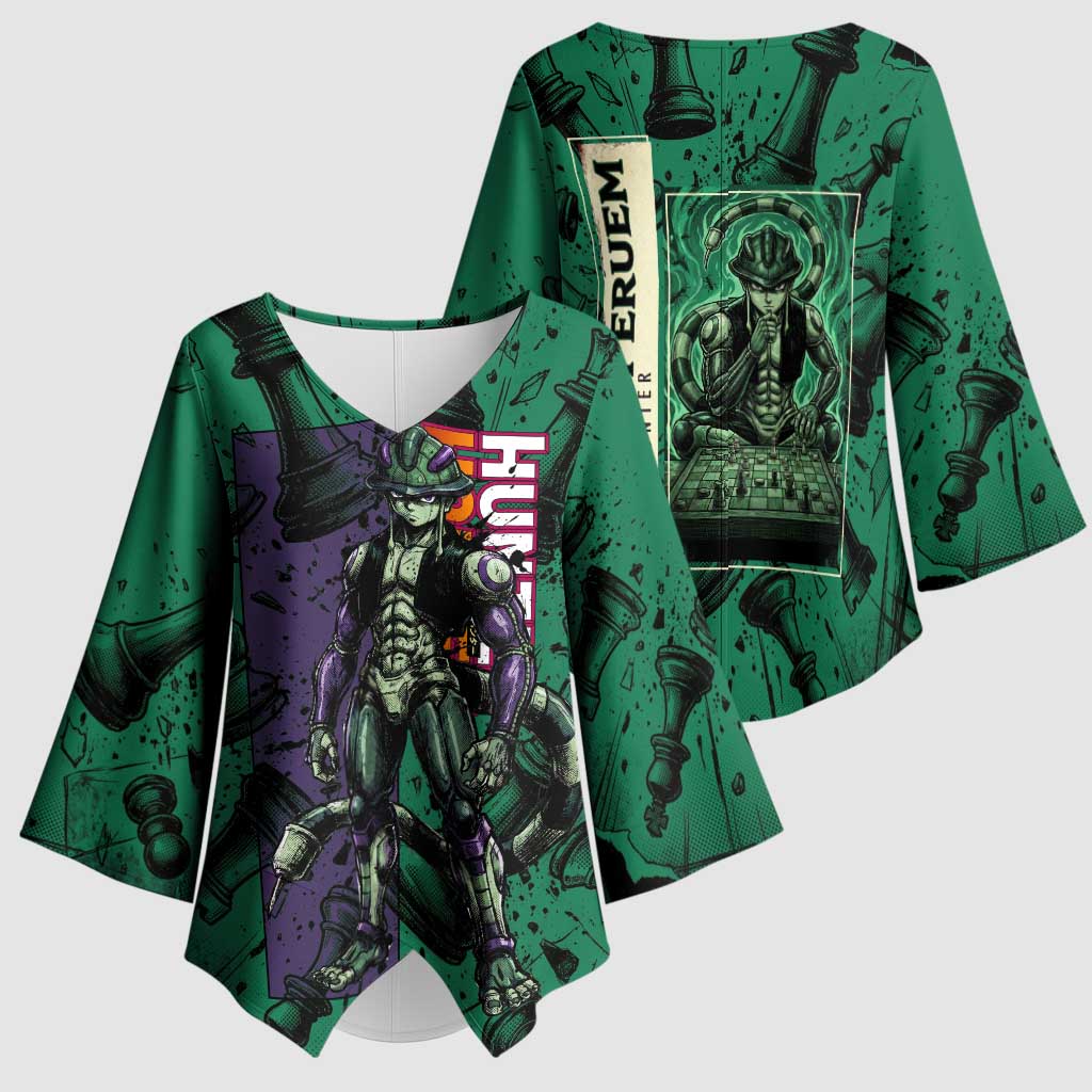 Meruem Chess Theme Kimono Sleeve Blouse with Dark Aura and Strategic Anime Artwork Design - The Mazicc