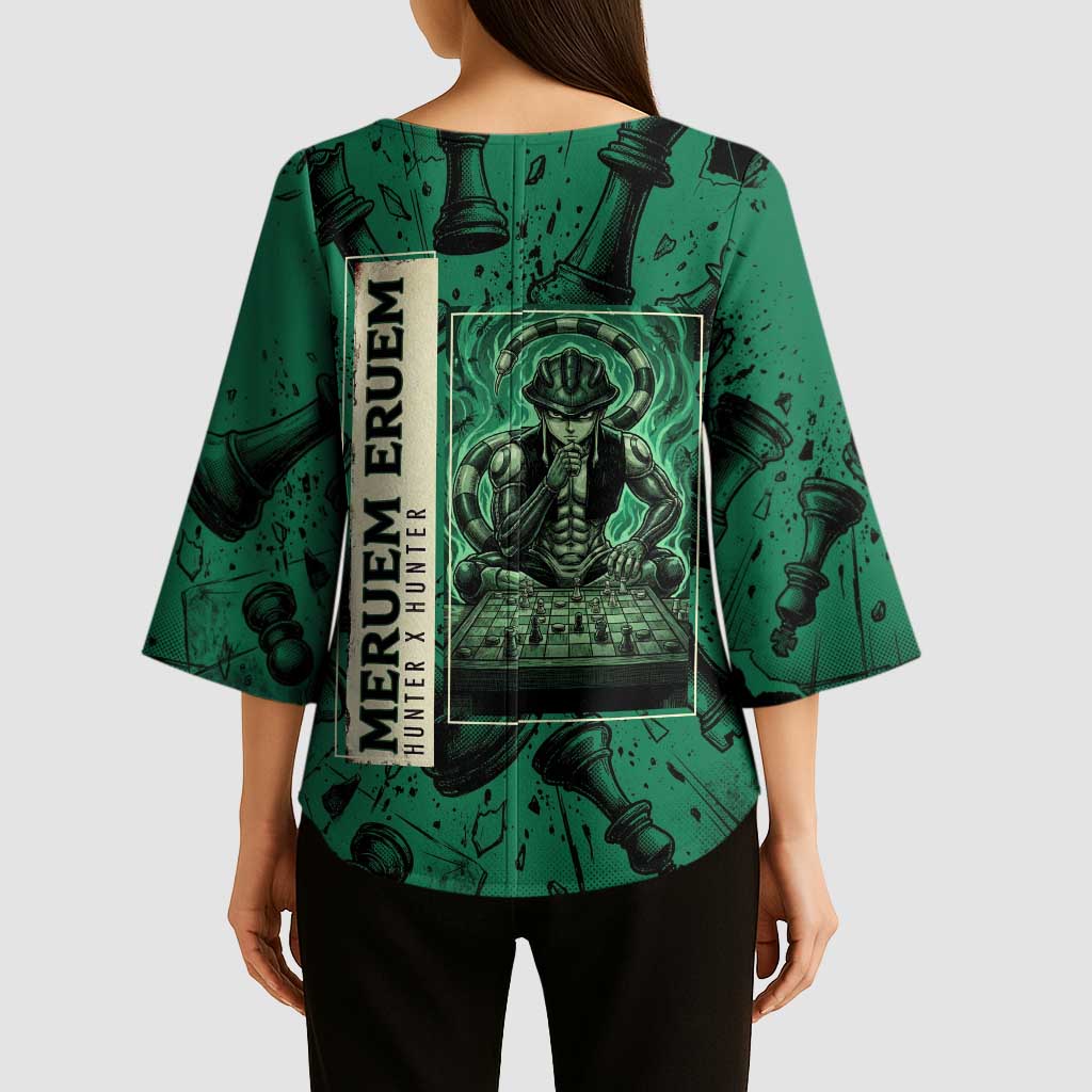 Meruem Chess Theme Kimono Sleeve Blouse with Dark Aura and Strategic Anime Artwork Design - The Mazicc