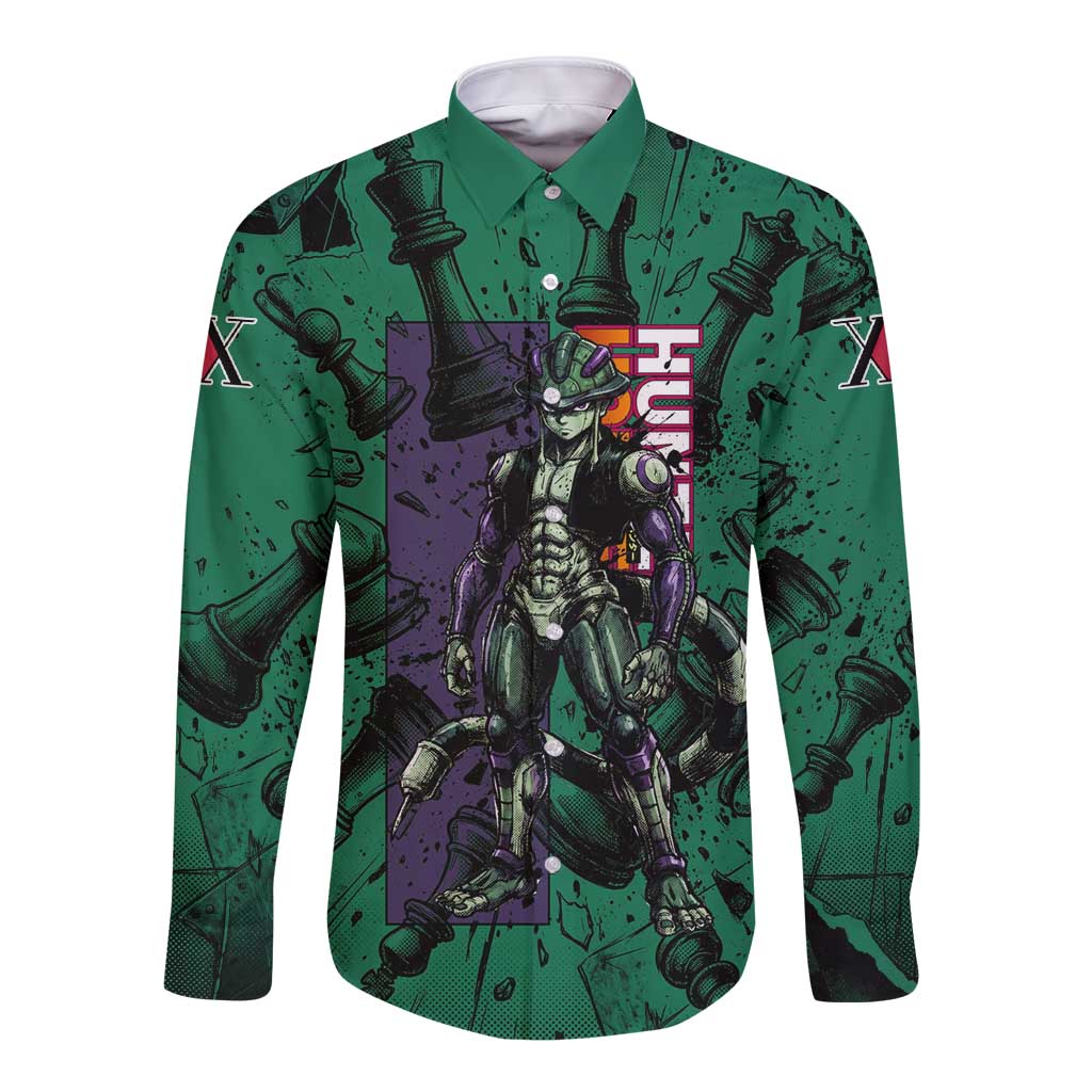 Meruem Chess Theme Long Sleeve Button Shirt with Dark Aura and Strategic Anime Artwork Design - The Mazicc