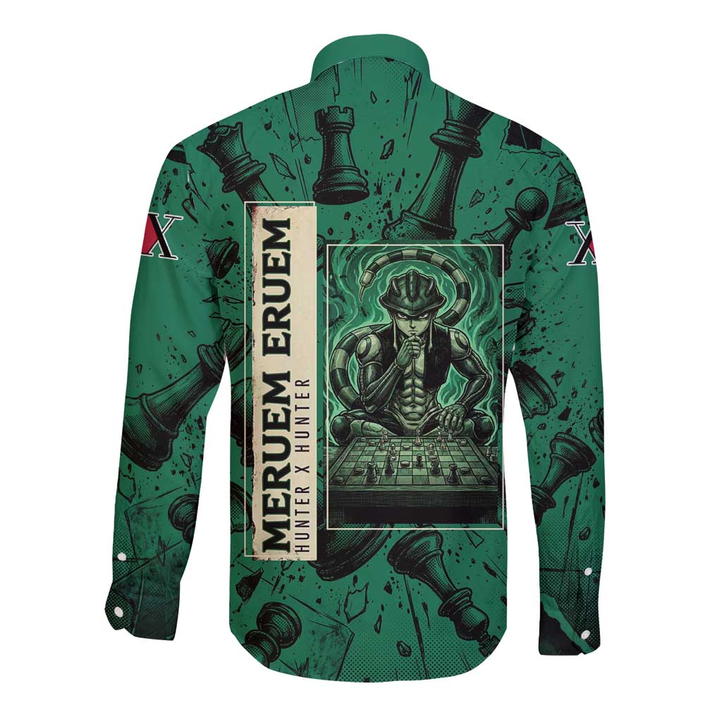 Meruem Chess Theme Long Sleeve Button Shirt with Dark Aura and Strategic Anime Artwork Design - The Mazicc
