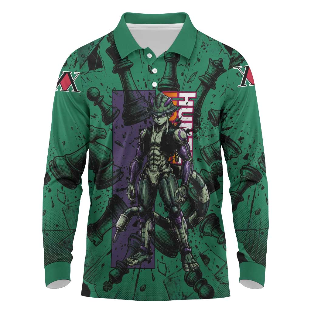 Meruem Chess Theme Long Sleeve Polo Shirt with Dark Aura and Strategic Anime Artwork Design - The Mazicc