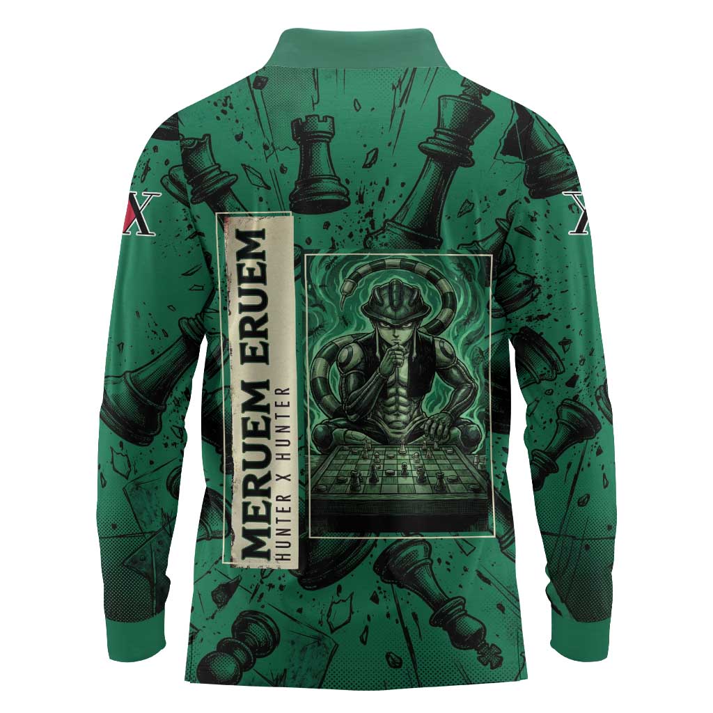 Meruem Chess Theme Long Sleeve Polo Shirt with Dark Aura and Strategic Anime Artwork Design - The Mazicc