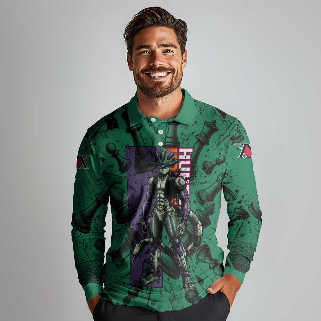 Meruem Chess Theme Long Sleeve Polo Shirt with Dark Aura and Strategic Anime Artwork Design - The Mazicc