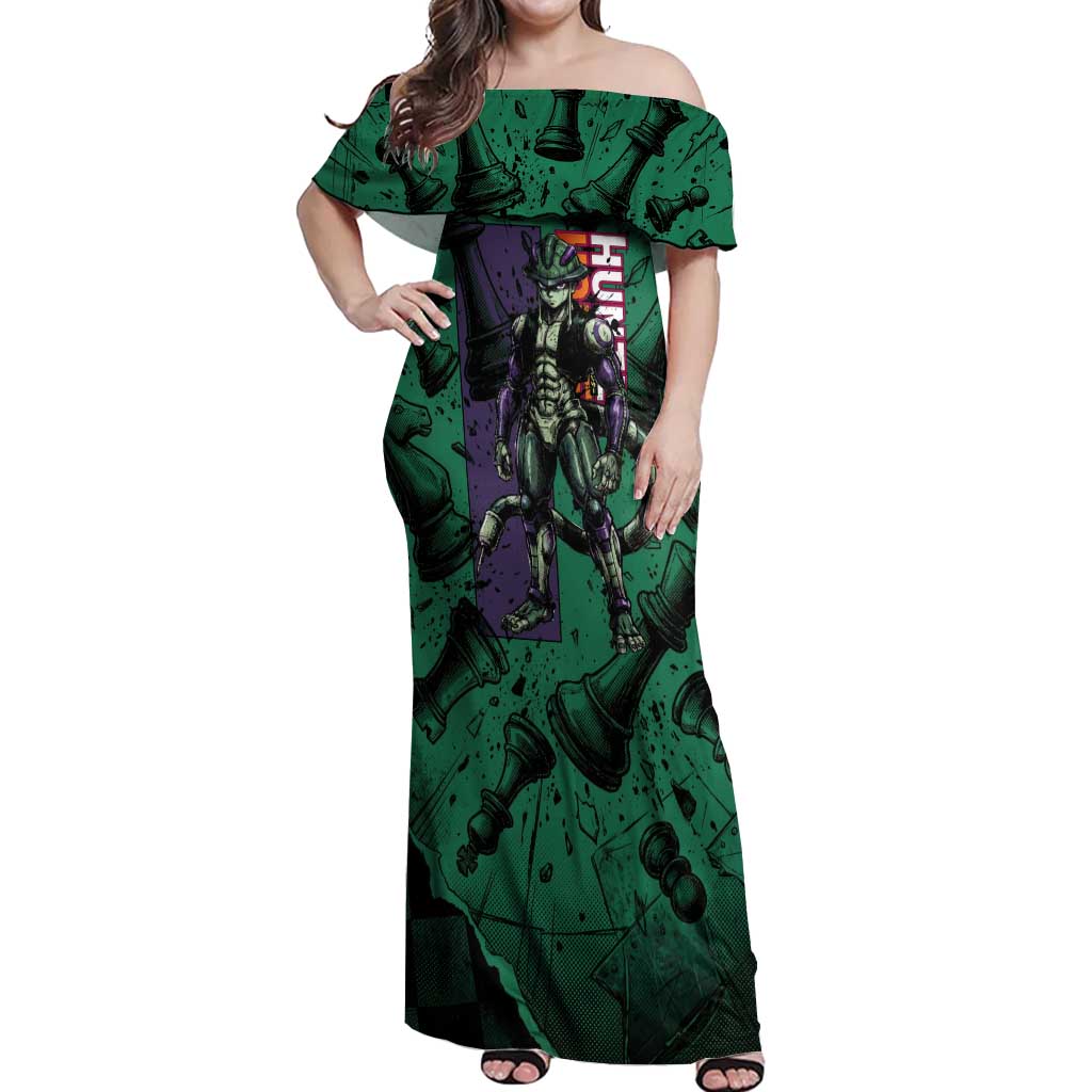 Meruem Chess Theme Off Shoulder Maxi Dress with Dark Aura and Strategic Anime Artwork Design - The Mazicc