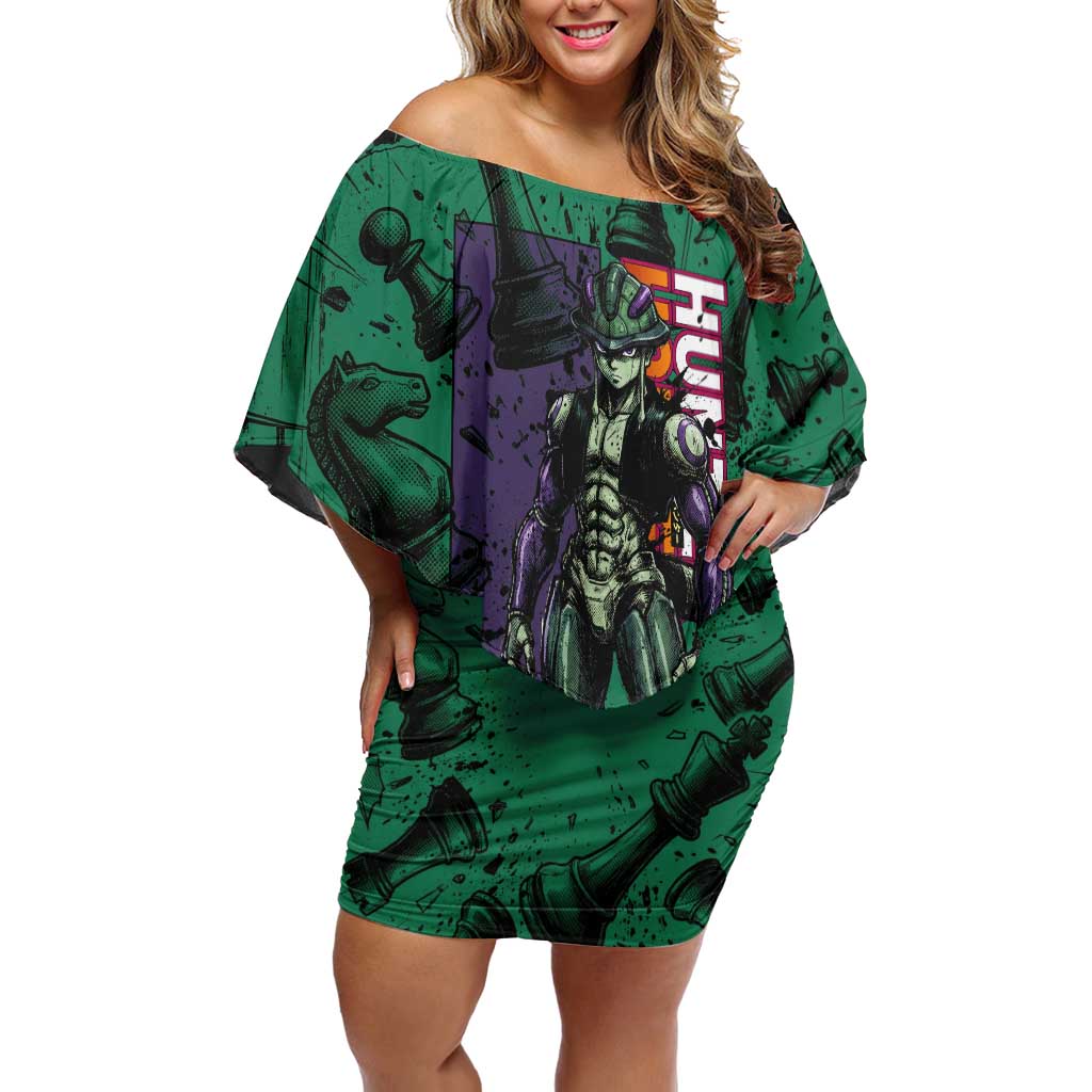 Meruem Chess Theme Off Shoulder Short Dress with Dark Aura and Strategic Anime Artwork Design - The Mazicc