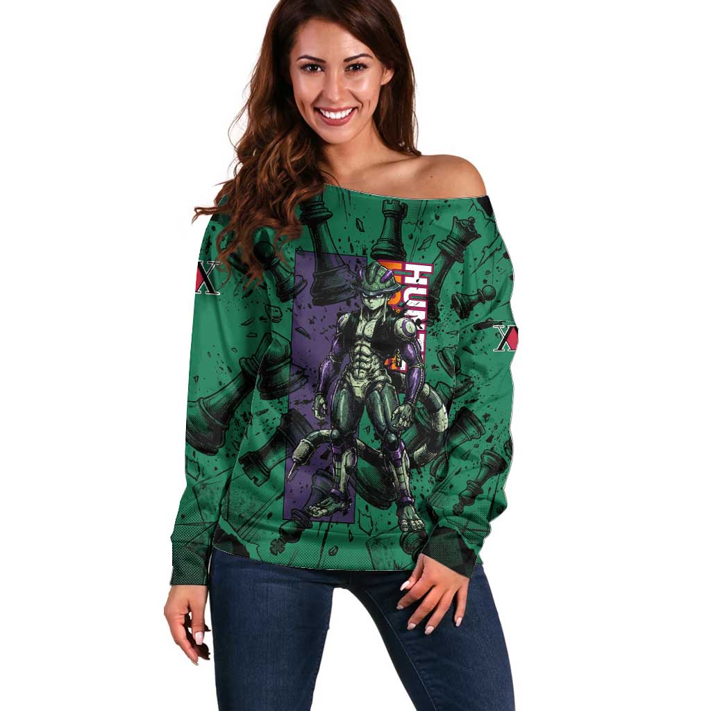 Meruem Chess Theme Off Shoulder Sweater with Dark Aura and Strategic Anime Artwork Design - The Mazicc