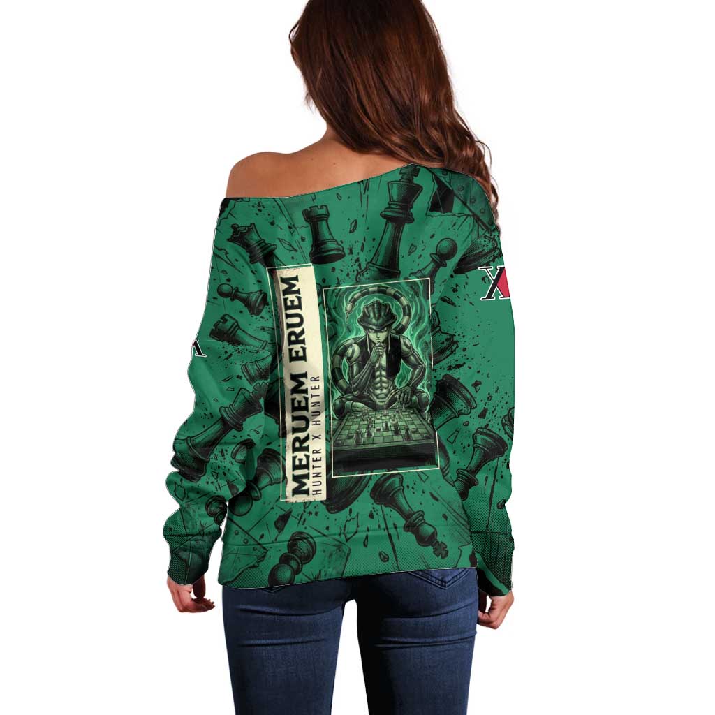 Meruem Chess Theme Off Shoulder Sweater with Dark Aura and Strategic Anime Artwork Design - The Mazicc