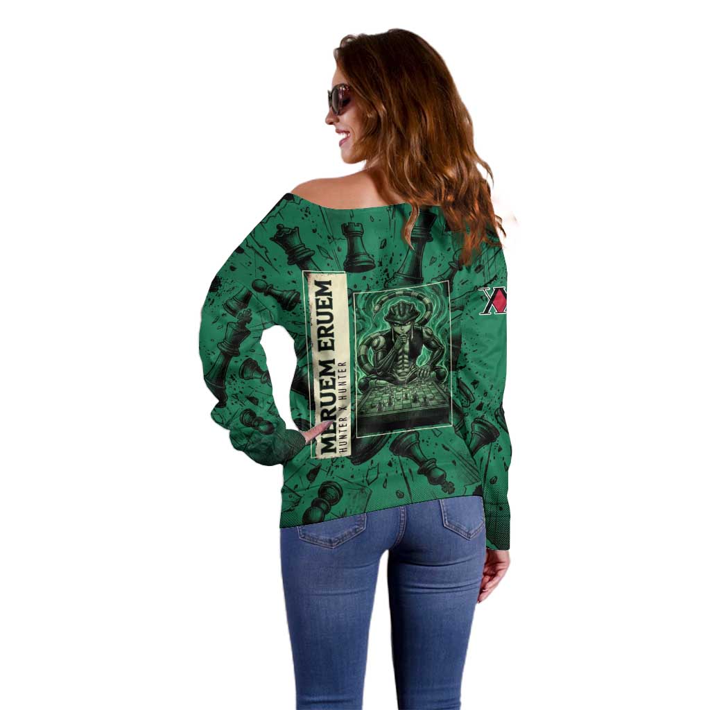 Meruem Chess Theme Off Shoulder Sweater with Dark Aura and Strategic Anime Artwork Design - The Mazicc