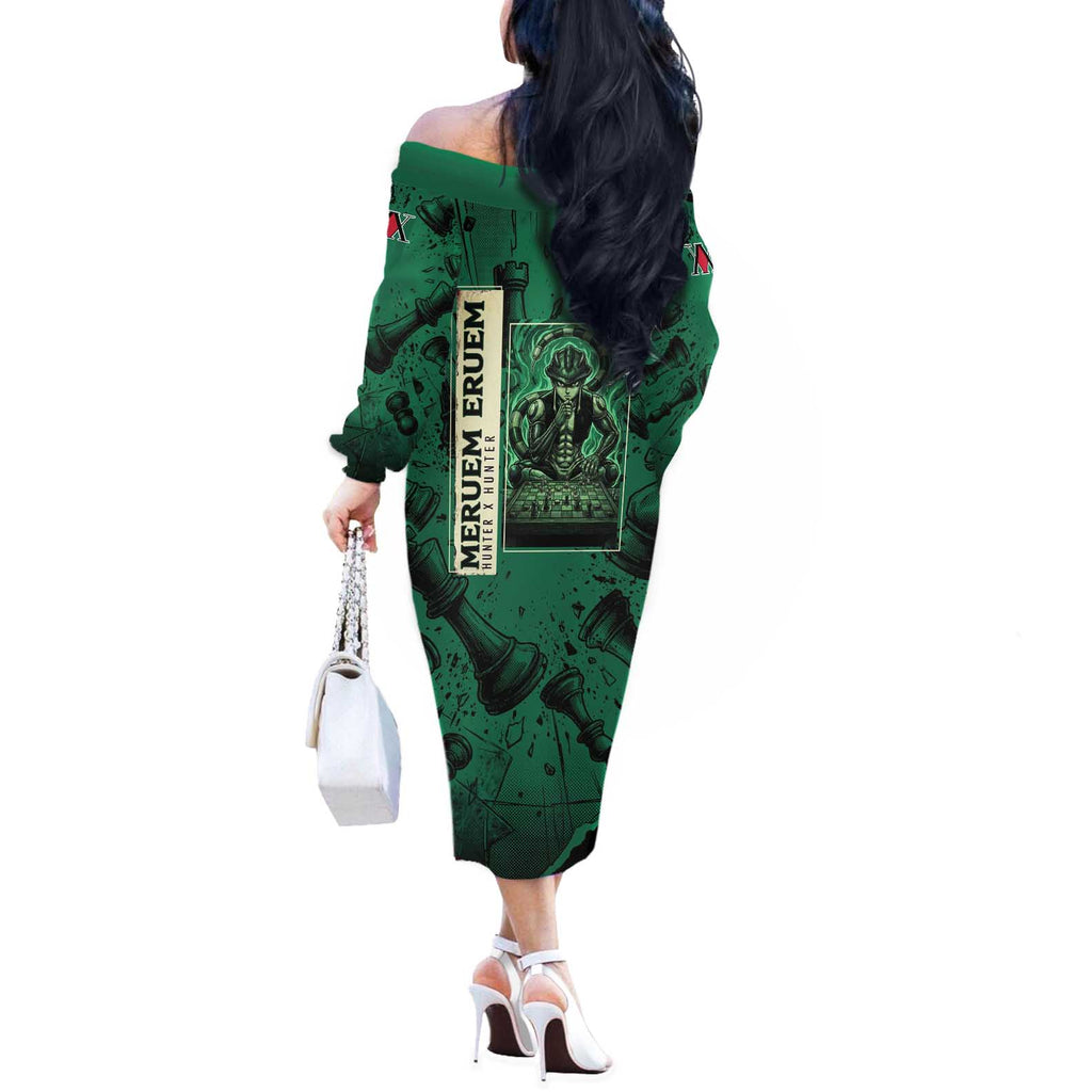 Meruem Chess Theme Off The Shoulder Long Sleeve Dress with Dark Aura and Strategic Anime Artwork Design - The Mazicc