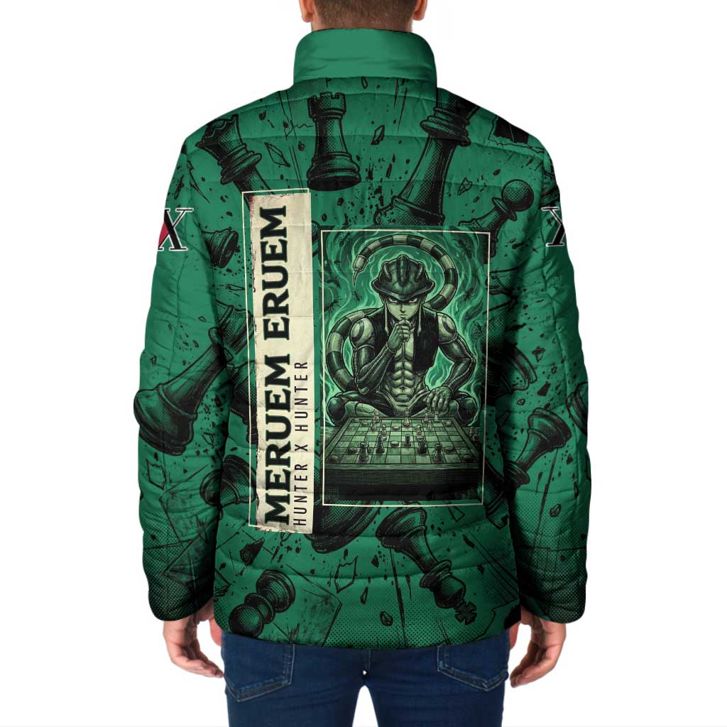 Meruem Chess Theme Padded Jacket with Dark Aura and Strategic Anime Artwork Design - The Mazicc