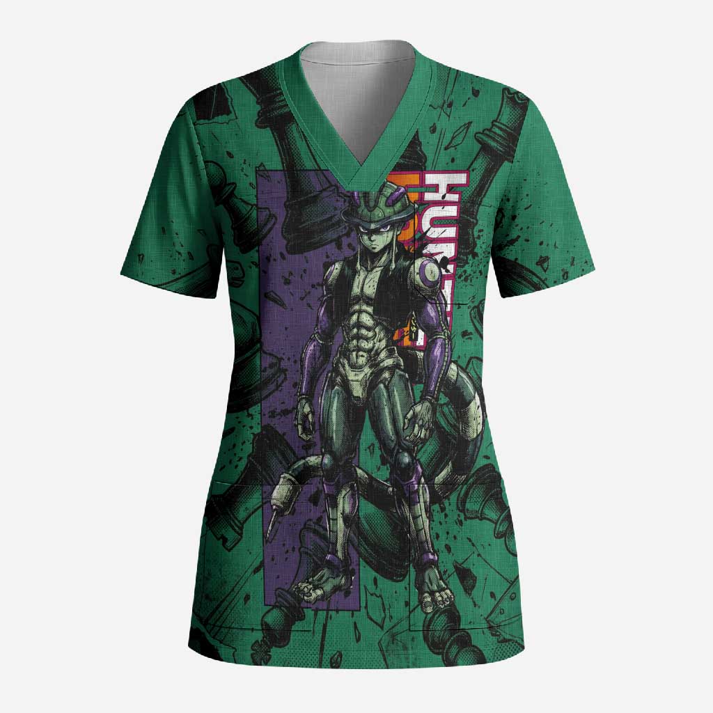 Meruem Chess Theme Scrub Top with Dark Aura and Strategic Anime Artwork Design - The Mazicc