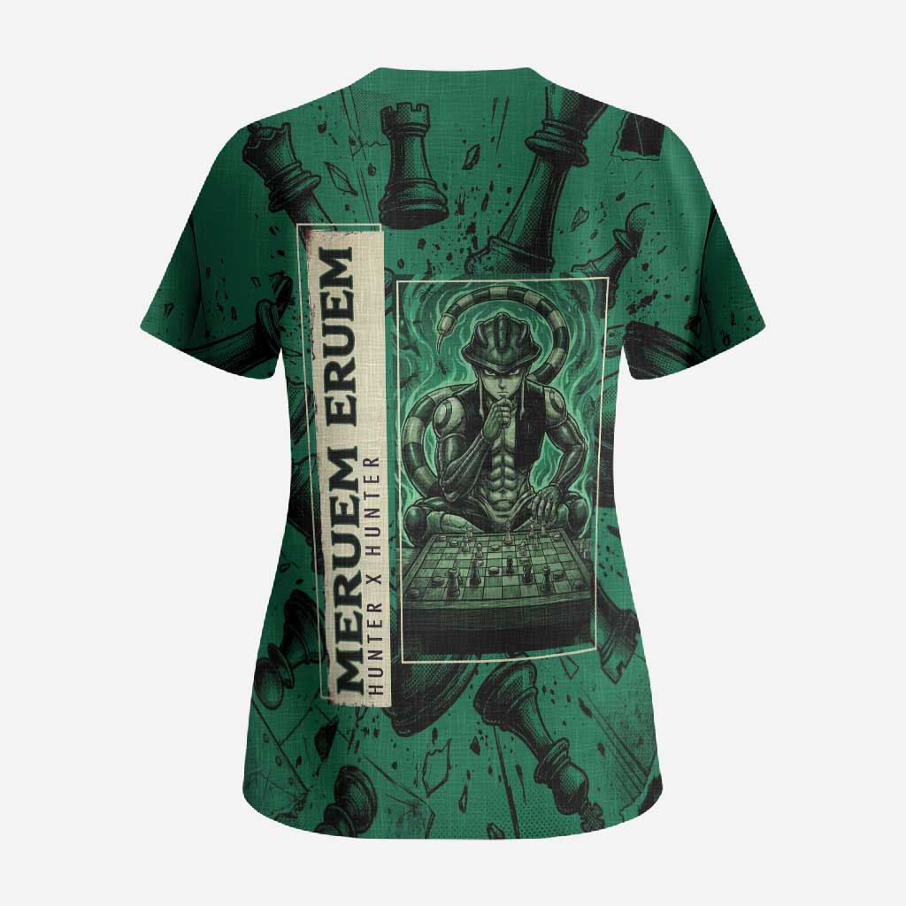 Meruem Chess Theme Scrub Top with Dark Aura and Strategic Anime Artwork Design - The Mazicc