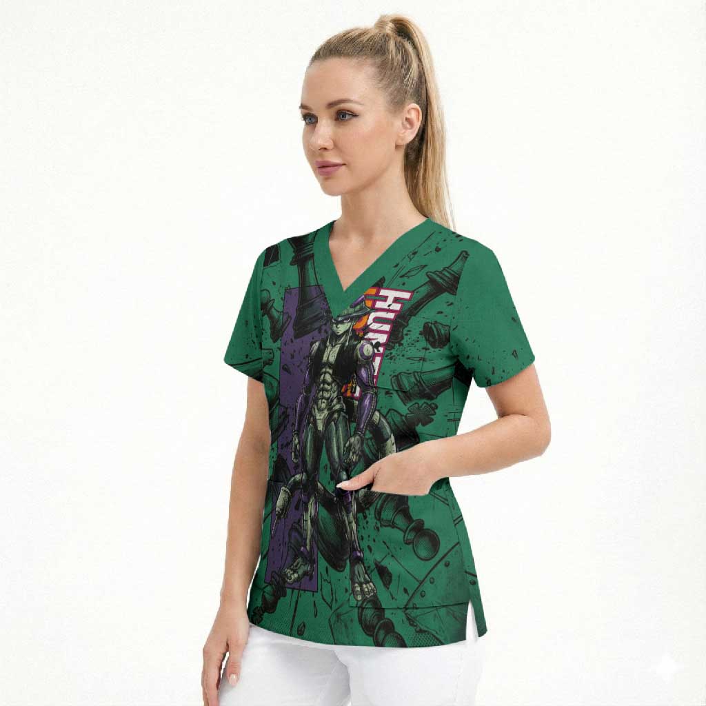 Meruem Chess Theme Scrub Top with Dark Aura and Strategic Anime Artwork Design - The Mazicc