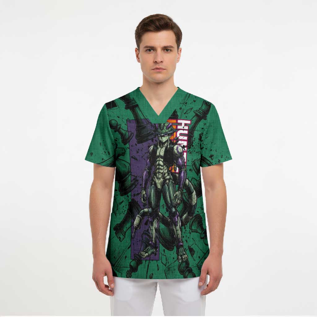 Meruem Chess Theme Scrub Top with Dark Aura and Strategic Anime Artwork Design - The Mazicc