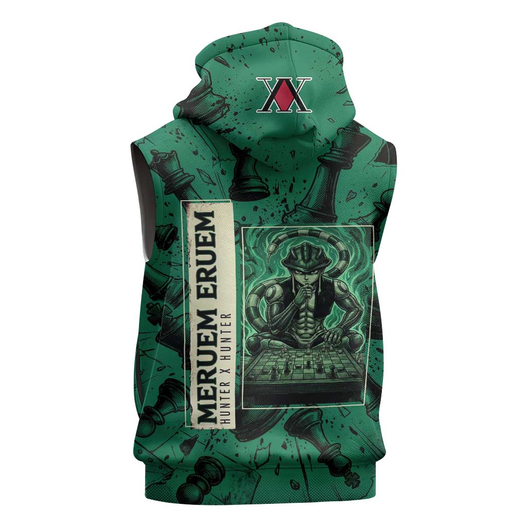 Meruem Chess Theme Sleeveless Hoodie with Dark Aura and Strategic Anime Artwork Design - The Mazicc