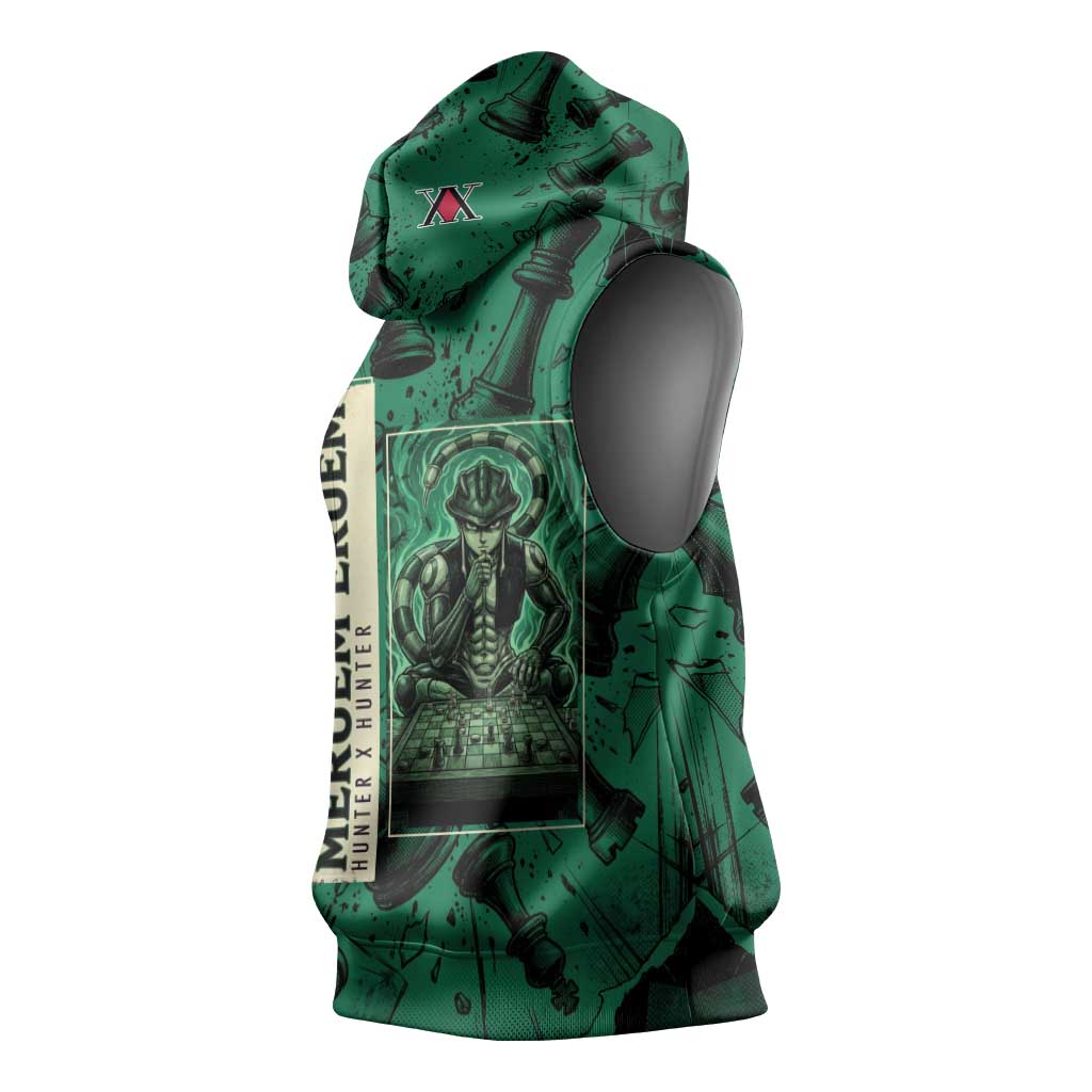 Meruem Chess Theme Sleeveless Hoodie with Dark Aura and Strategic Anime Artwork Design - The Mazicc