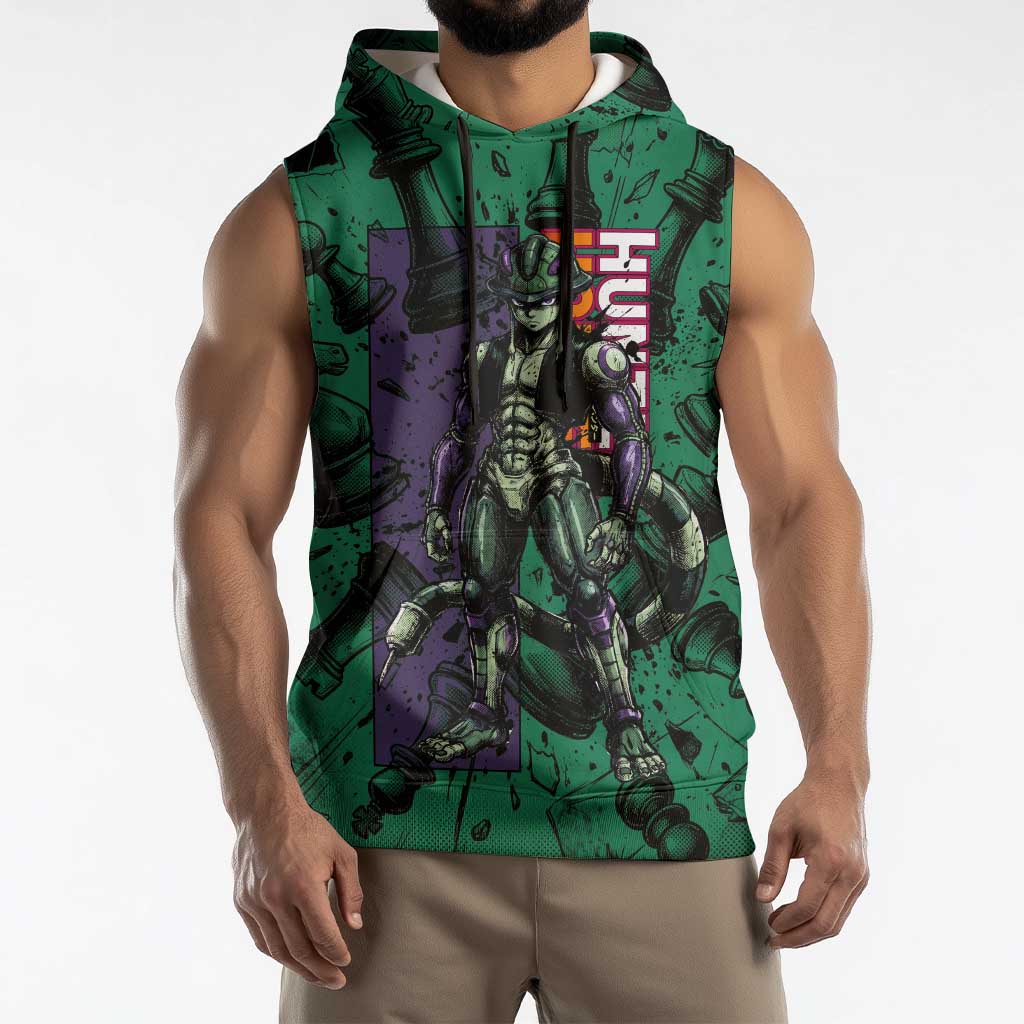 Meruem Chess Theme Sleeveless Hoodie with Dark Aura and Strategic Anime Artwork Design - The Mazicc