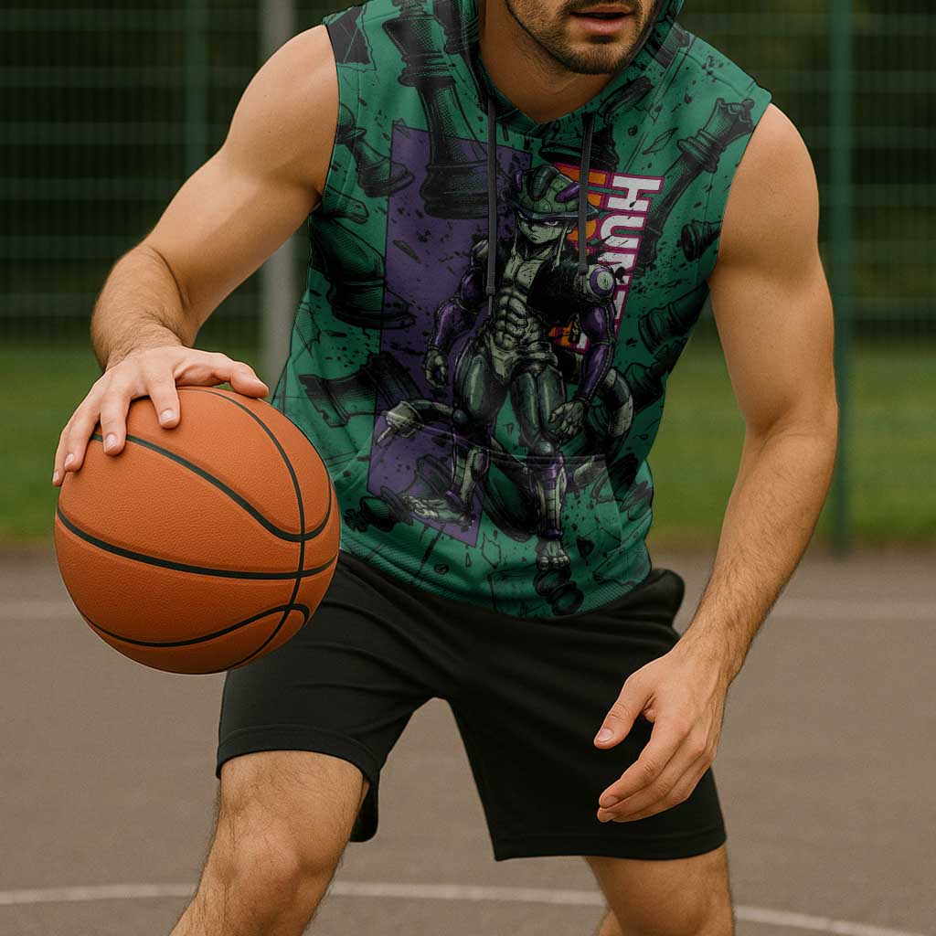 Meruem Chess Theme Sleeveless Hoodie with Dark Aura and Strategic Anime Artwork Design - The Mazicc