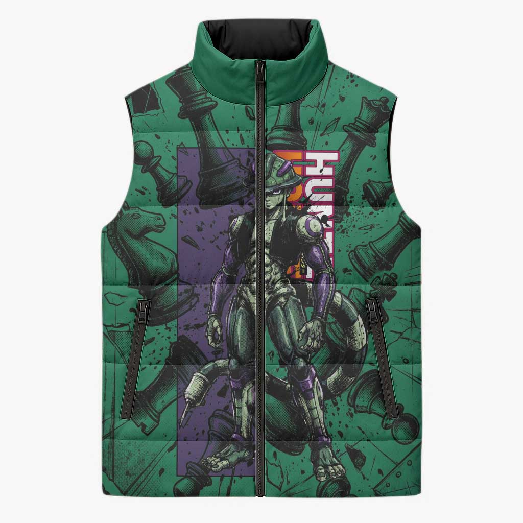 Meruem Chess Theme Sleeveless Puffer Jacket with Dark Aura and Strategic Anime Artwork Design - The Mazicc