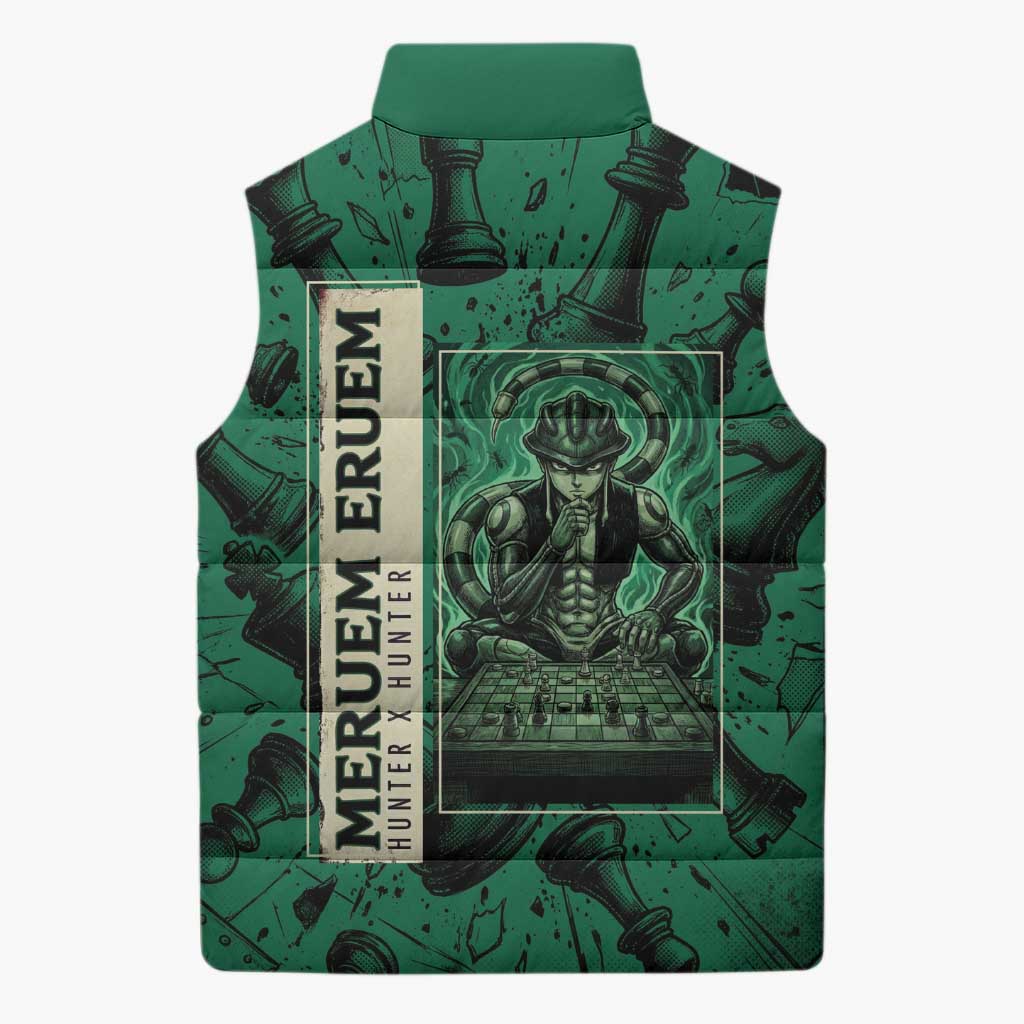 Meruem Chess Theme Sleeveless Puffer Jacket with Dark Aura and Strategic Anime Artwork Design - The Mazicc