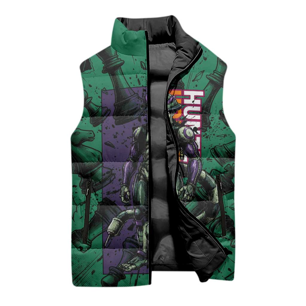 Meruem Chess Theme Sleeveless Puffer Jacket with Dark Aura and Strategic Anime Artwork Design - The Mazicc