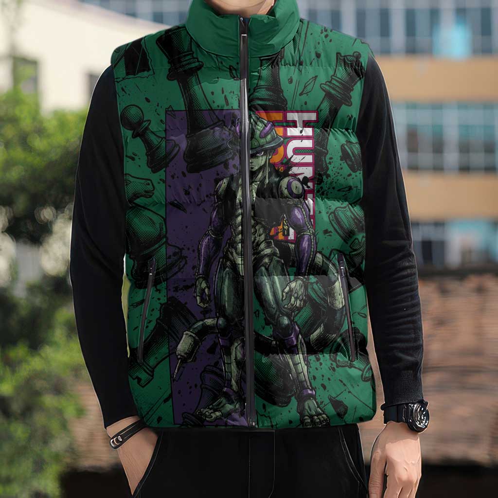 Meruem Chess Theme Sleeveless Puffer Jacket with Dark Aura and Strategic Anime Artwork Design - The Mazicc