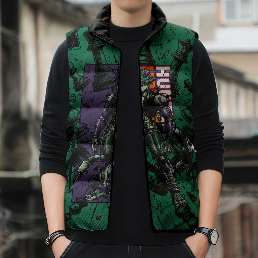 Meruem Chess Theme Sleeveless Puffer Jacket with Dark Aura and Strategic Anime Artwork Design - The Mazicc