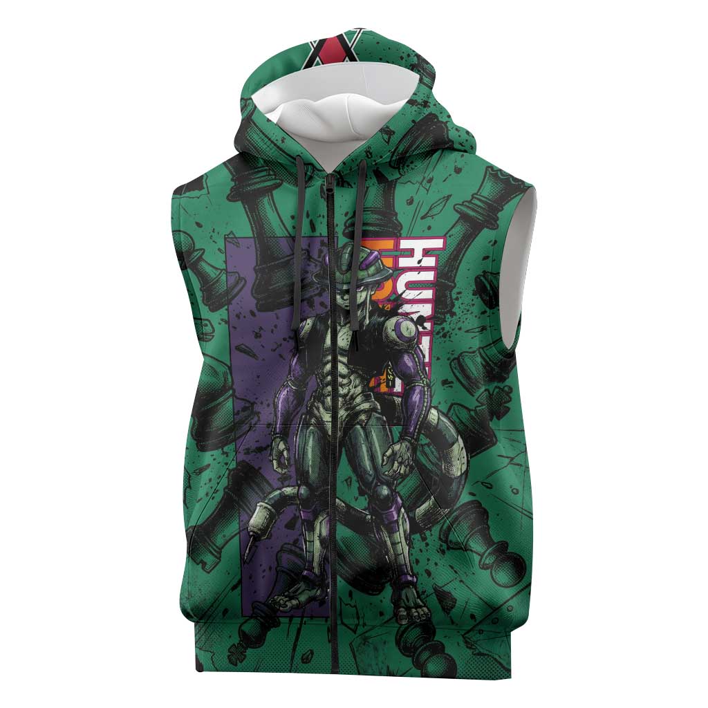 Meruem Chess Theme Sleeveless Zip Hoodie with Dark Aura and Strategic Anime Artwork Design - The Mazicc