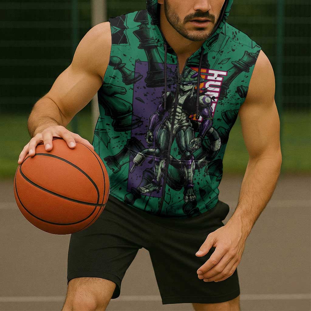 Meruem Chess Theme Sleeveless Zip Hoodie with Dark Aura and Strategic Anime Artwork Design - The Mazicc