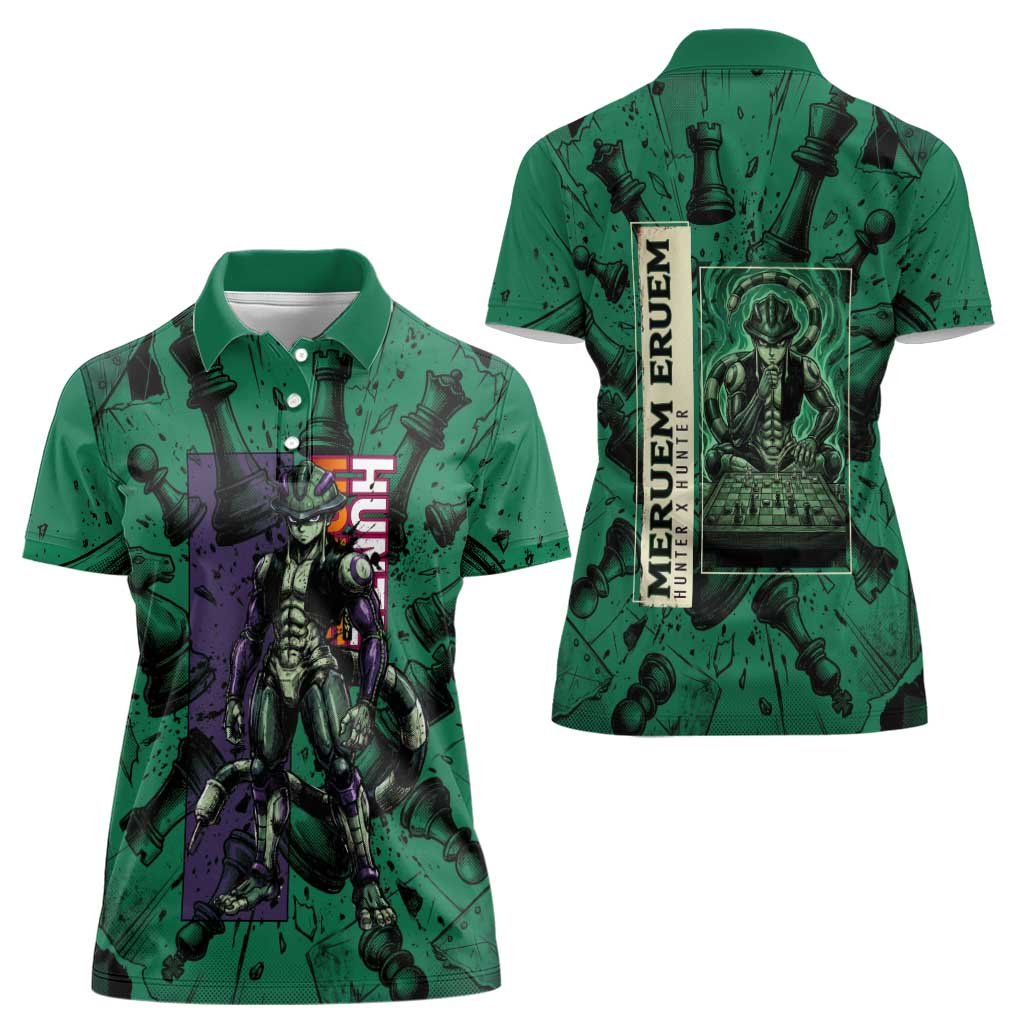 Meruem Chess Theme Women Polo Shirt with Dark Aura and Strategic Anime Artwork Design - The Mazicc