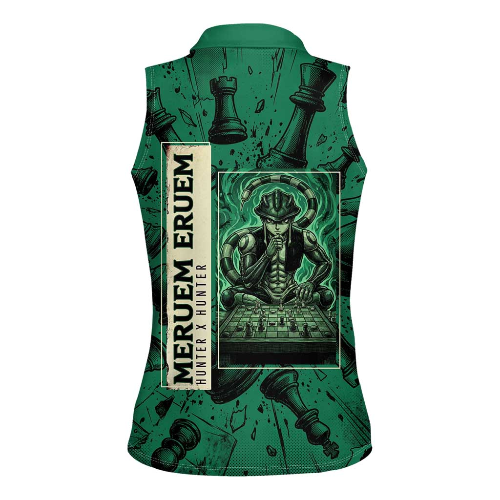 Meruem Chess Theme Women Sleeveless Polo Shirt with Dark Aura and Strategic Anime Artwork Design - The Mazicc