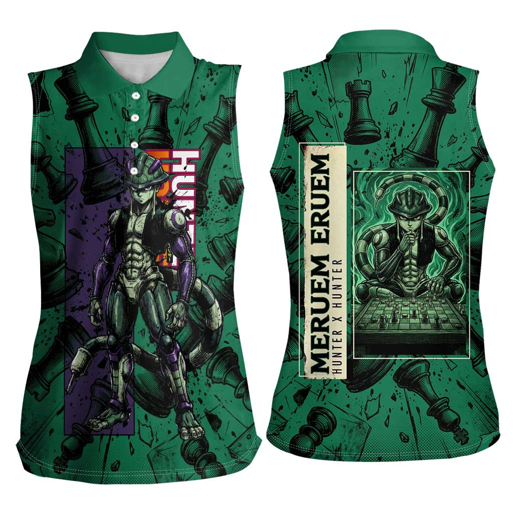 Meruem Chess Theme Women Sleeveless Polo Shirt with Dark Aura and Strategic Anime Artwork Design - The Mazicc