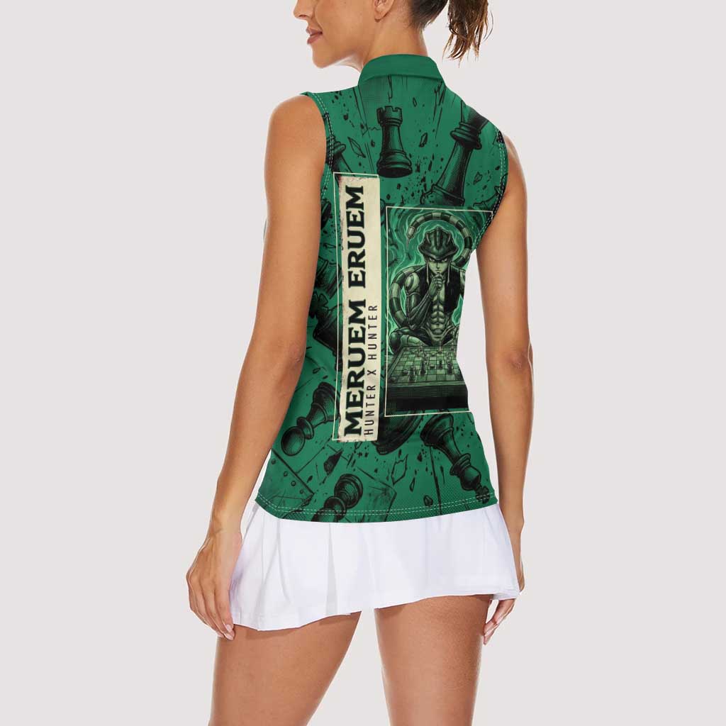 Meruem Chess Theme Women Sleeveless Polo Shirt with Dark Aura and Strategic Anime Artwork Design - The Mazicc