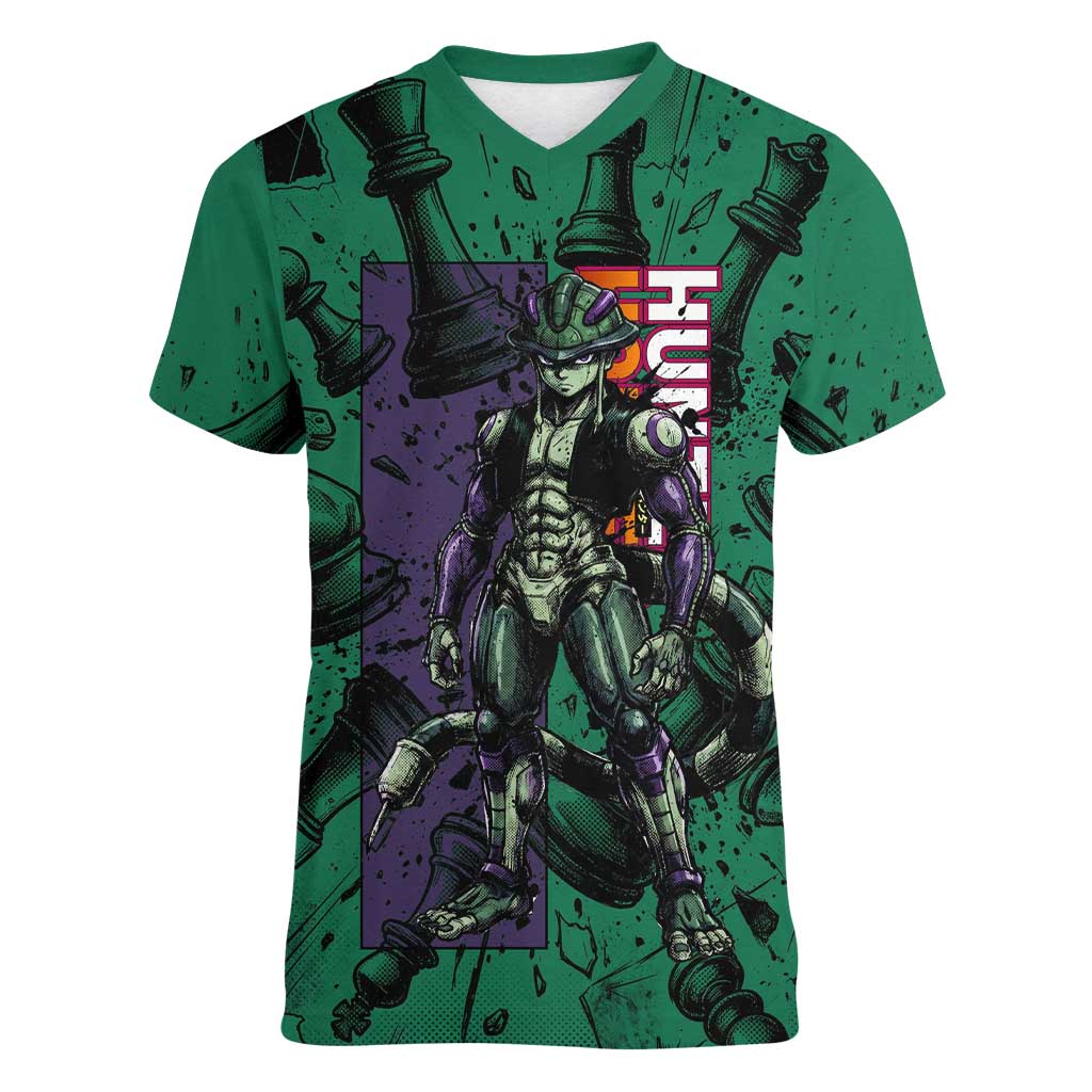 Meruem Chess Theme Women V-Neck T-Shirt with Dark Aura and Strategic Anime Artwork Design - The Mazicc
