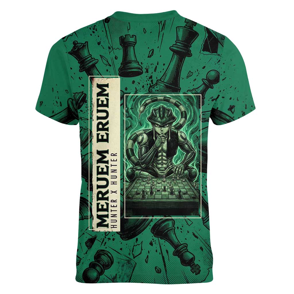 Meruem Chess Theme Women V-Neck T-Shirt with Dark Aura and Strategic Anime Artwork Design - The Mazicc