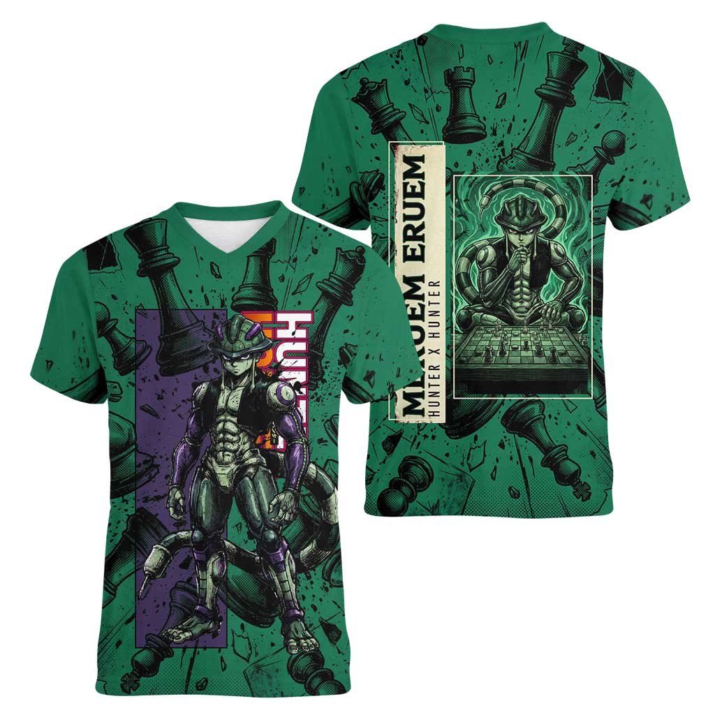 Meruem Chess Theme Women V-Neck T-Shirt with Dark Aura and Strategic Anime Artwork Design - The Mazicc