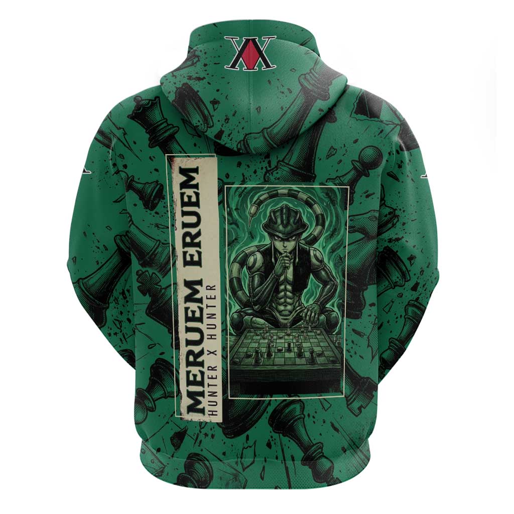 Meruem Chess Theme Zip Hoodie with Dark Aura and Strategic Anime Artwork Design - The Mazicc