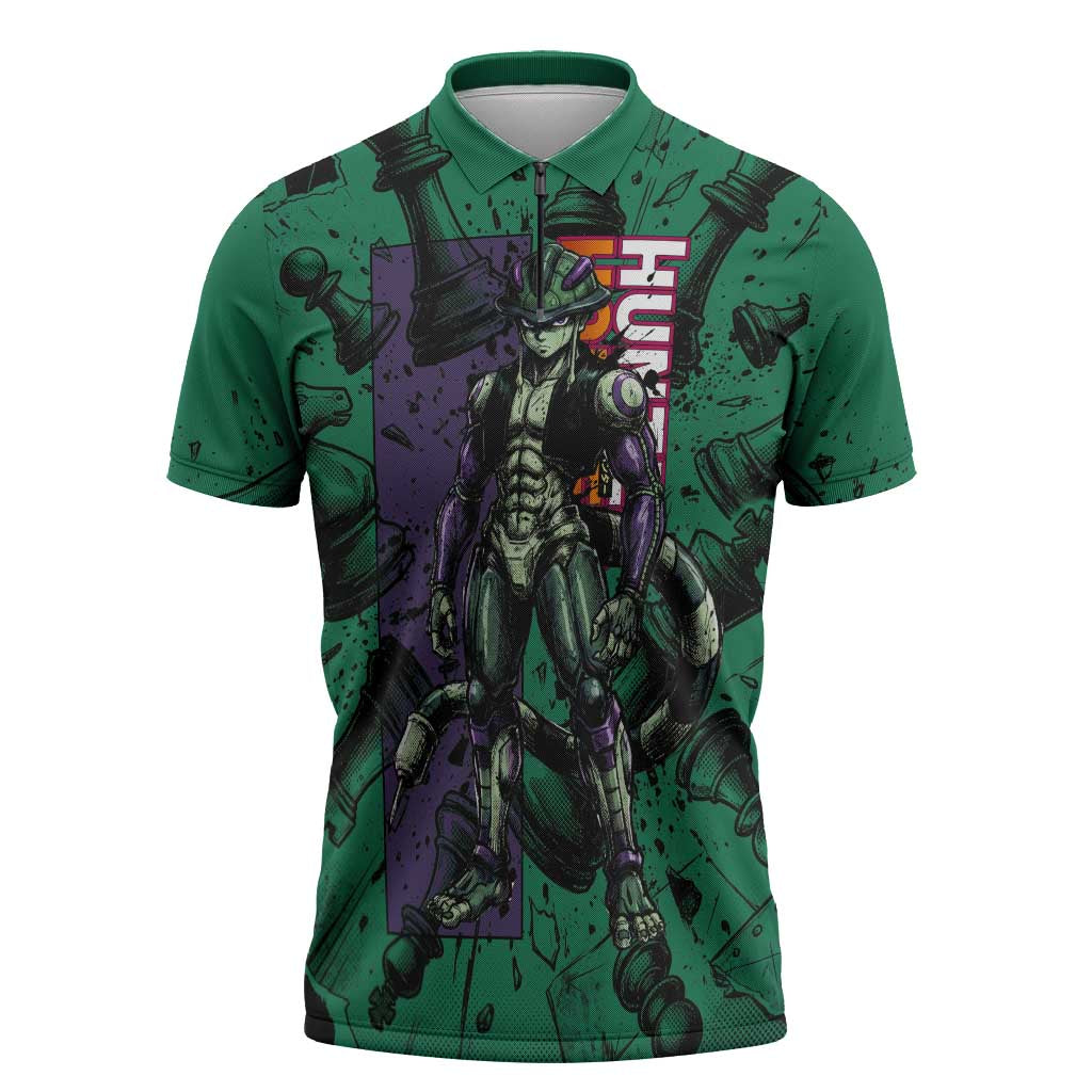 Meruem Chess Theme Zipper Polo Shirt with Dark Aura and Strategic Anime Artwork Design - The Mazicc