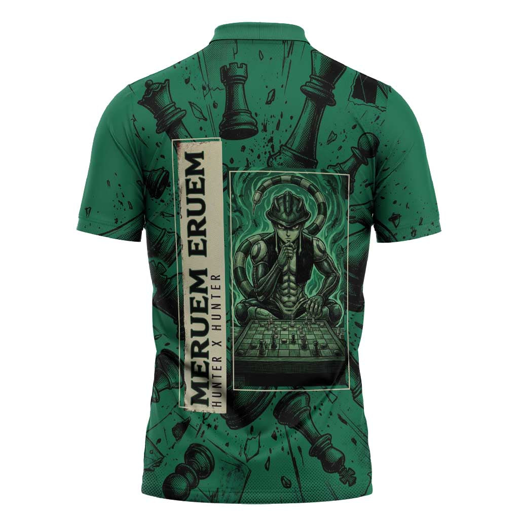 Meruem Chess Theme Zipper Polo Shirt with Dark Aura and Strategic Anime Artwork Design - The Mazicc